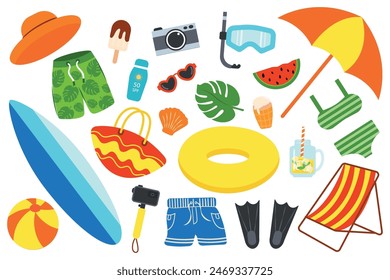 Cartoon summer elements, travel, beach, summer accessories. Set of vector illustrations of cocktails, ice cream, shorts, underwater camera. Palm tree and surfboard. Umbrella and sunglasses.