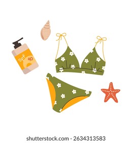 Cartoon summer elements, travel, beach, summertime accessory. Summer swimsuit, sunscreen, starfish, seashells flat vector cartoon illustration set isolated on white background. Summer vacation journey