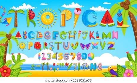 Cartoon summer font, tropical vacation typeface, beach party type, holiday alphabet letters and numbers, vector typography. Sea water wave, watermelon, palms, ice cream and summer beach cocktail font