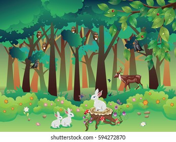 Cartoon summer forest landscape with green shrubs, trees and cute animals.