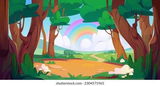 Cartoon summer forest and rainbow on horizon. Vector illustration of colorful landscape with green trees, grass and footpath running through field. Sunny blue sky with clouds. Fantasy game background