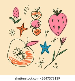 Cartoon summer fruits and berries travel beach holiday groovy stickers set vector illustration. Colorful hand-drawn isolated vacay collection of cute sketchy characters, vegan sweet food fruit