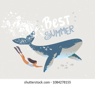 Cartoon summer girl dive underwater with whale. Vector illustration