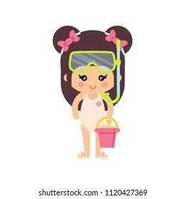 cartoon summer girl in a swimsuit with diving mask and summer bucket