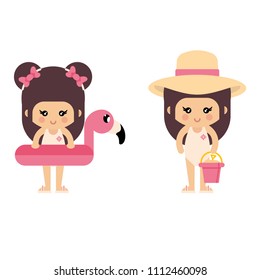 cartoon summer girl in a swimsuit with flamingo float and summer bucket set