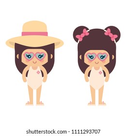 cartoon summer girl in a swimsuit and hat sunglasses set