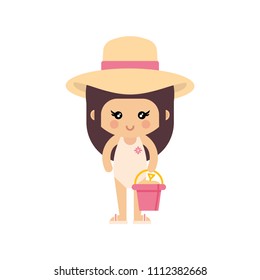 cartoon summer girl in a swimsuit and hat with summer bucket