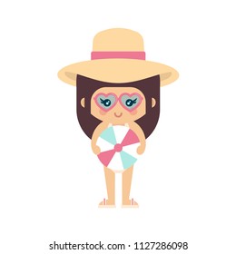 cartoon summer girl in a swimsuit and hat and sunglasses with summer ball