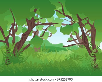 Cartoon Summer Green Forest Landscape Background Flat Design Nature Scene Adventure Travel. Vector illustration