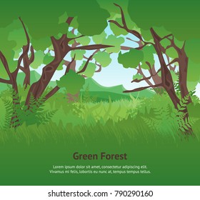 Cartoon Summer Green Forest Landscape Background Card Poster Flat Design Nature Scene Adventure Travel. Vector illustration