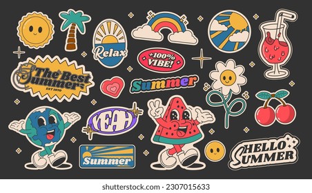 Cartoon summer groovy stickers 70s. Cute retro characters. Hippie style, set cute sunny labels. Isolated on black background