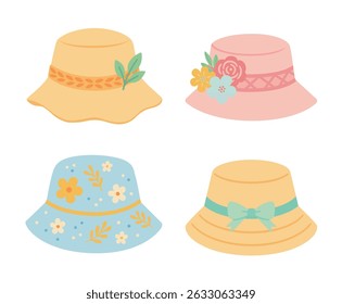 Cartoon summer hats with flowers leaves ribbons and patterns on white background