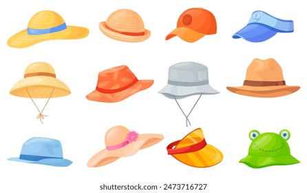 Tocados de verano de dibujos animados. Accesorios de sombreros para la cabeza hombre mujer unisex tipos de sombreros, sombrero de paja de playa gorra de visera de béisbol panamá desgaste vacaciones de sol, gorras ordenadas conjunto Ilustración vectorial de gorra de accesorio