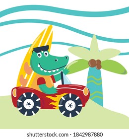 Cartoon summer holiday background with aligator surfer with cartoon style. Creative vector childish background for fabric, textile, nursery wallpaper, poster, card, brochure. vector illustration backg
