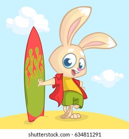 Cartoon summer holiday background with rabbit surfer. Vector illustration of white bunny standing with his surfboard