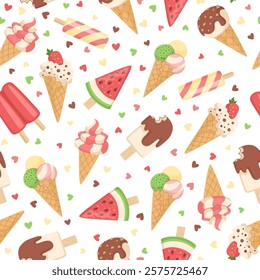 Cartoon summer ice cream seamless pattern. Refreshing sweet background of different types of ice cream and colorful hearts.