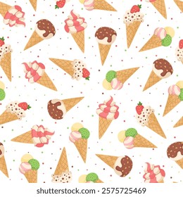 Cartoon summer ice cream seamless pattern. Sweet background of ice cream cones and colorful dots.