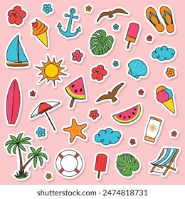 Iconos de verano de dibujos animados. Colección de una pegatina.Ilustración vectorial