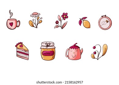 Cartoon summer icons - cup of coffee, flowers, honey jar, cake, teapot, embroidery hoop, lemon