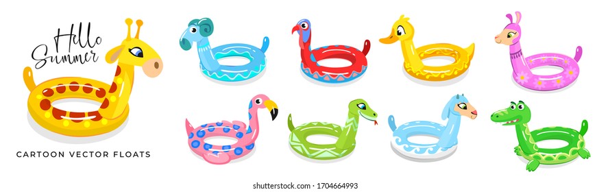 Cartoon summer inflatable animal floats set vector illustration. Collection of rubber rick duck, giraffe, snake, crocodile, parrot and flamingo. Vacation and swimming concept. Isolated on white