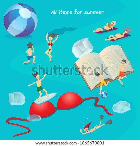 cartoon for summer and items for vacation and relaxtion,beach