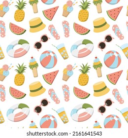 Cartoon summer kids pool party elements seamless pattern: ice cream, drinks, fruits, inflatable rubber ring, ball. Great for wallpaper, and print. Isolated on white background.