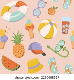 Cartoon summer kids pool party elements seamless pattern on pink pastel background. Great for wallpaper, print, and backdrop.