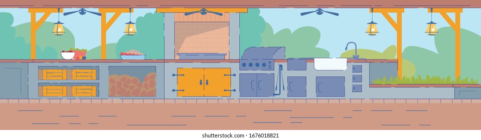 Cartoon Summer Kitchen in Garden Vector Illustration. Food Preparation Equipment with Stove, Sink, Hearth, Firewood. Restaurant Cafe Business Meal Cooking Outdoor. Barbecue Backyard