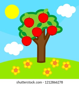 Cartoon summer landscape with apple tree with ripe red fruits, blue sky, white clouds and yellow sun