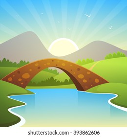 Cartoon summer landscape with bridge and mountains in background.
