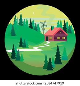 Cartoon Summer Landscape in a Circular Frame – Vector Illustration