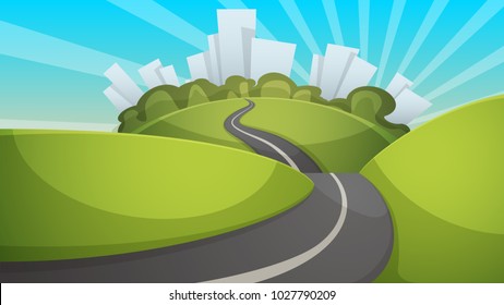 Cartoon summer landscape. City, hill, road illustration Vector eps 10