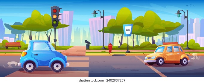 Caricatura del paisaje de verano de la calle de la ciudad con coches, semáforo y señal de parada de autobús, cruzar y acera cerca del parque público con árboles. Escena urbana vectorial con vehículo en la carretera cerca de las callejuelas de cebra.