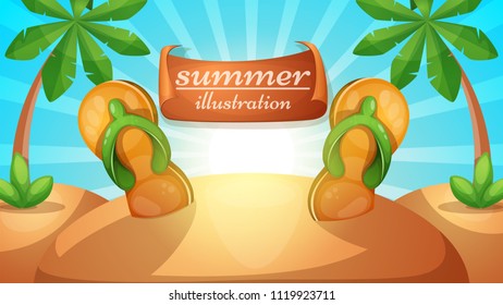 Cartoon summer landscape. Flip flops illustration. Vector eps 10