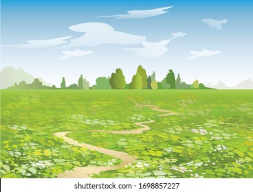 Cartoon summer landscape with flowering field and the path. Vector illustration.