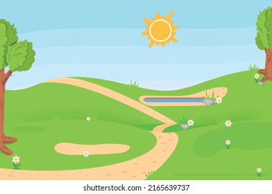 Cartoon summer landscape. Green grassland in sunny day