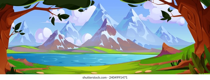 Cartoon summer landscape with lake in forest in foot of mountains on sunny day. Vector scenery with blue water in pond with green grass and trees on shore , high peaks of hills and sky with clouds.