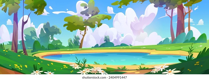 Cartoon summer landscape with lake on sunny day. Blue water in pond with shore covered with green grass and flowers, bushes and trees, sky with white cloud. Vector illustration of natural scenery