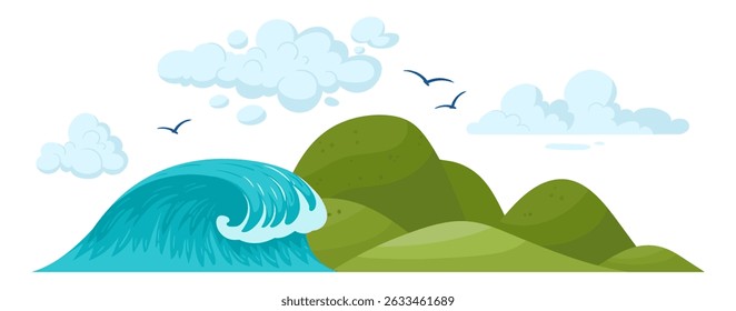 Cartoon summer landscape. Nature paradise island view, green hills, ocean wave and sky landscape flat vector illustration. Ocean view panorama