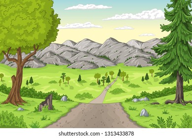 Cartoon summer landscape with trees and moutains