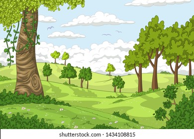 Cartoon summer landscape with trees. Vector illustration with separate layers.