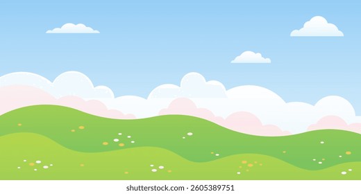 Cartoon summer landscape. Vector flat scenery with cloud sky, green hills and flowers. Beautiful nature scene