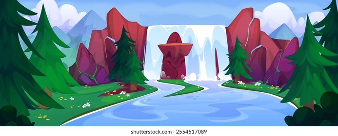 Cartoon summer landscape with waterfall - river stream with water falling from brown cliff rocks, mountain peaks and blue cloudy sky on background, green fir trees, grass and flowers on banks.