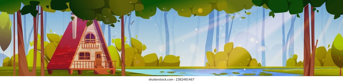 Cartoon summer landscape with wooden cabin on tilts on shore of lake or river in forest. Vector natural scenery with cozy house or hotel for camping and vacation, green trees and bushes, blue pond.