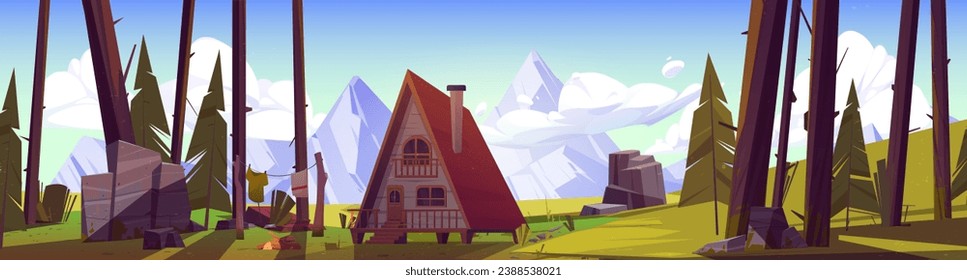 Cartoon summer landscape with wooden hut on tilts in forest near mountains. Vector natural panoramic scenery with cozy house or hotel for camping and vacation, green trees and bushes, rocky hills.