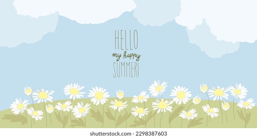 Cartoon Summer Meadow with Daisy Flowers and Clouds