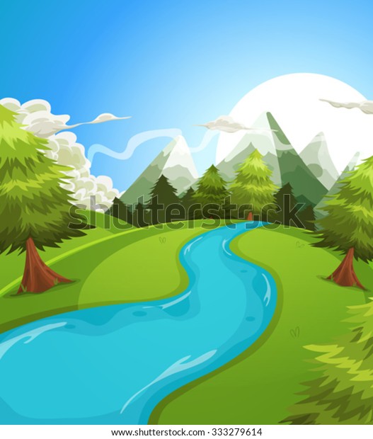 漫画の夏の山景色 休暇 旅行 季節の休日の背景に川 松の木 ファーストを含む 夏や春の高い山の風景のイラスト のベクター画像素材 ロイヤリティフリー