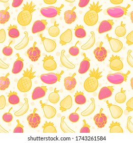 Cartoon summer multicolor fresh fruits. Pineapple and banana. Blackberries and peach. Peach and strawberry. On yellow background. Vector seamless pattern.