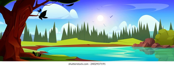 Cartoon summer natural landscape with lake or river in forest on sunny day. Vector illustration of spring scenery with blue water in pond, green grass and trees with pines, sun on sky with clouds.