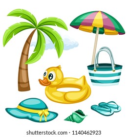 Cartoon Summer Objects Isolated on White Background. Vector Illustration of Beach Objects Set. Palm, Rubber Duck Ring, Beach Umbrella, Slippers, Seashell, Hat and Bag